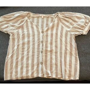 LC Lauren Conrad Puff Sleeve Linen Blend Top Size XXL Tan Stripes Coastal Preppy
